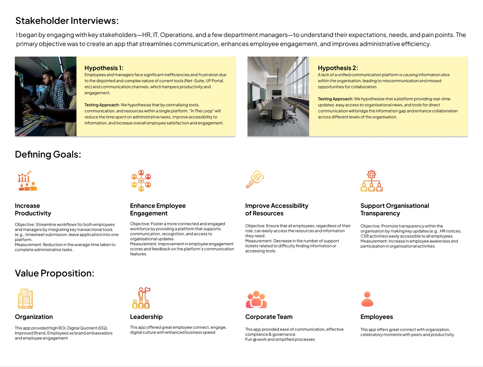 Research board covering stakeholder interviews, hypotheses, goals and value proposition